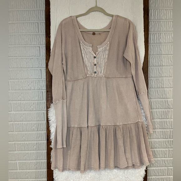 Free People Dresses & Skirts - Free People Jolene Thermal Waffle Knit Tiered Button Up Oversized Henley Dress